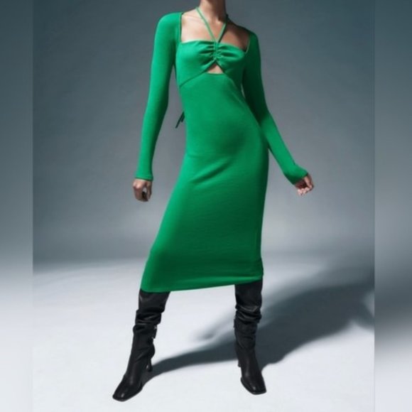 Zara Dresses & Skirts - New Zara Green Cutout Midi Dress M L Bodycon Ribbed Knit Long Sleeve Ruched Tie